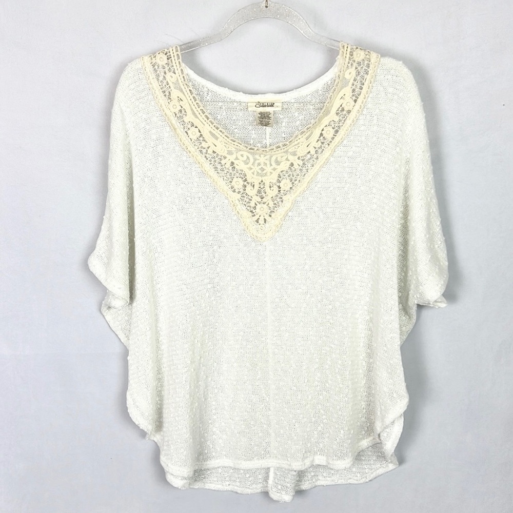STARLET | ⭐️ Light Ivory Speckled Thin Knit Lace Trim Dolman Batwing Sweater